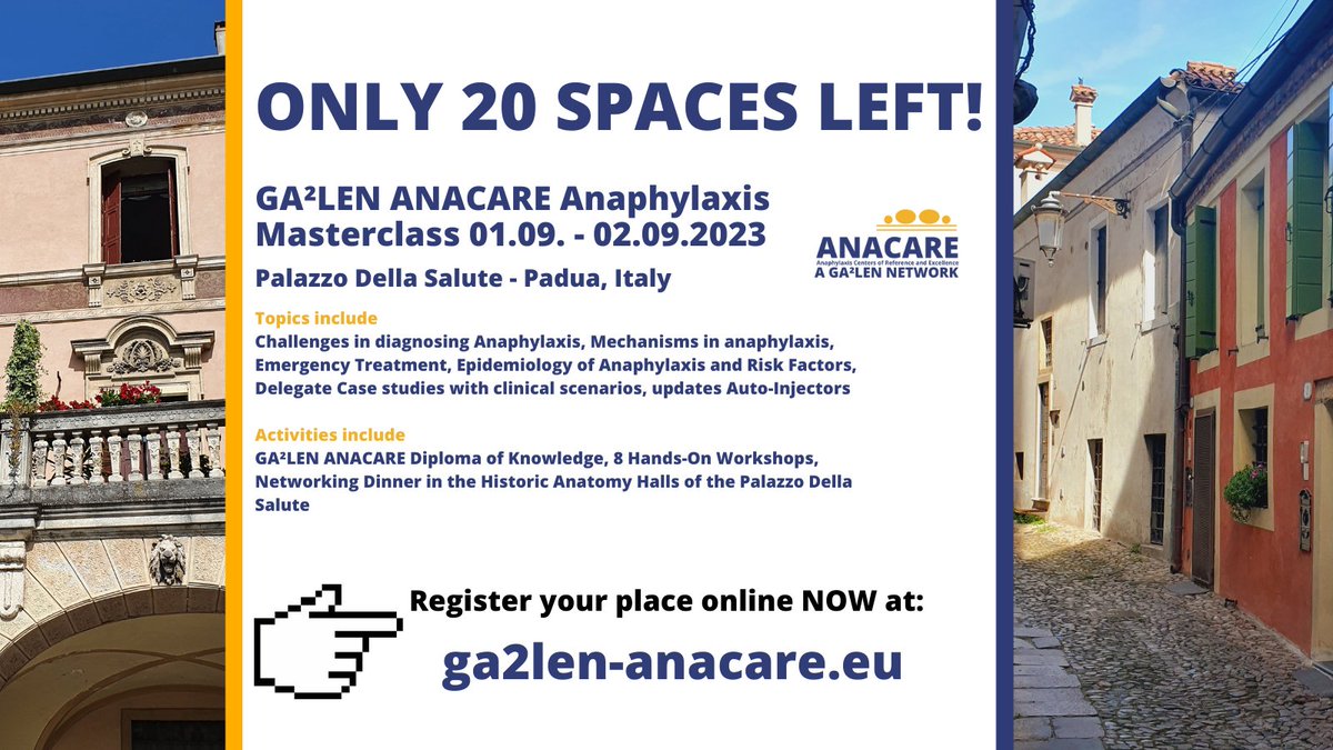 📢ONLY 20 SPACES LEFT! 📢

Register now for your spot at the GA²LEN ANACARE Masterclass in Padua ✍️

- Workshops with Hands on-training
- Sessions chaired by KOLs
- Educational Dinner in the historic Palazzo della Salute

Registration link here ⬇️⬇️⬇️ 
forms.gle/N4C63qUvTvmdyX…