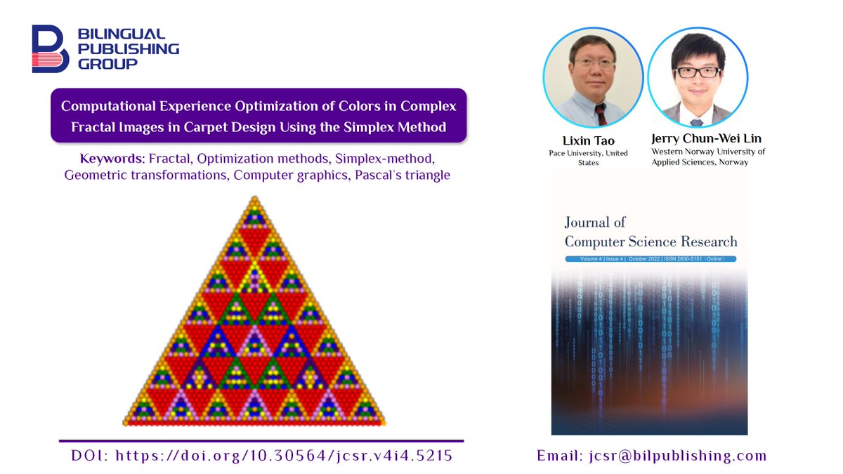 jcsr_Editorial's tweet image. 💠 Сomputational Experience Optimization of Colors in Complex Fractal Images in Carpet Design Using the Simplex Method
#Fractal #Optimizationmethods #Simplexmethod #Geometrictransformations #Computergraphics #Pascaltriangle
🔗 DOI: doi.org/10.30564/jcsr.…