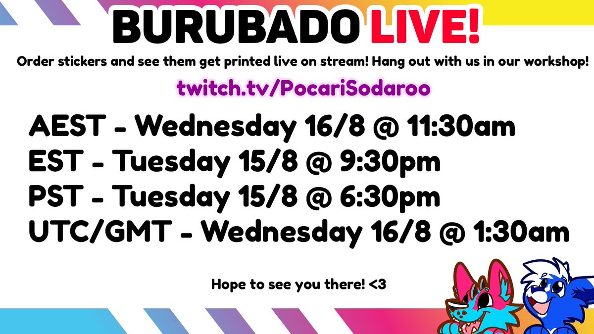 burubado_furry's tweet photo. BURUBACKTHO?? You heard right! Catch us this Tuesday/Wednesday and chill with us in our swanky new workshop. 
Or bring some art and order your own "Quick Stickies"! Special stickers only available while we're live because we do the full print and production right there on stream! https://t.co/s4F3J15qmD