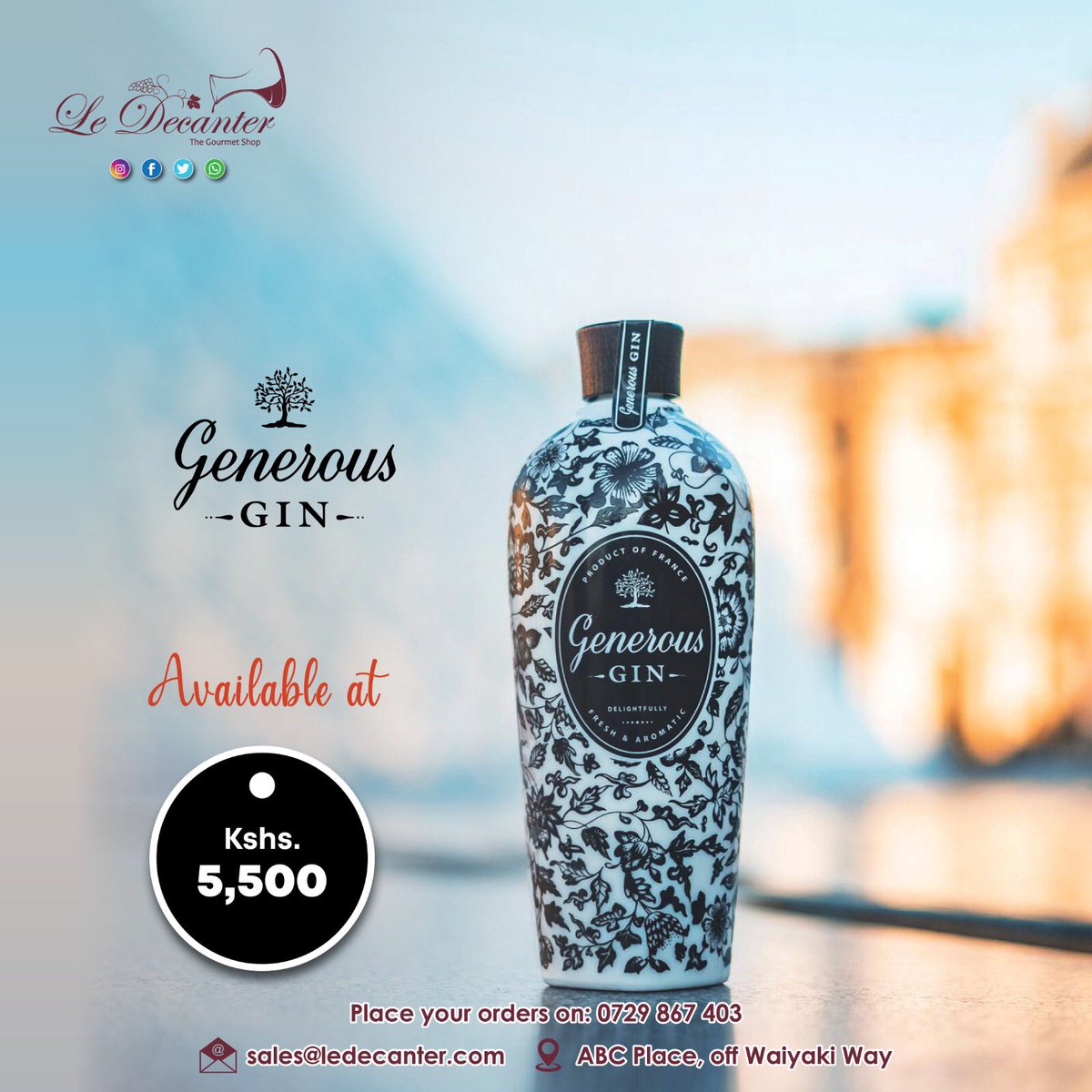 The idea behind Generous Gin was to create a totally original, but simple product, easy to drink and appreciate. A Gin which could give the best Gin & Tonic. Available at our shop for only 5,500/= To order contact us on 0729867403/sales@ledecanter.com #ledecanterspirits