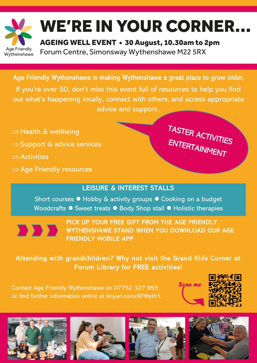 Age Friendly Wythenshawe invite you to our Ageing Well event on the 30th Aug that will be full of information about your community, smiles and fun!