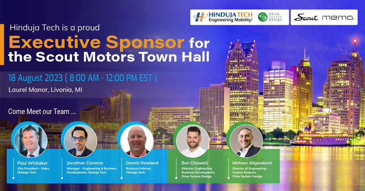 hindujatech's tweet photo. Hinduja Tech is proud to be an Executive Sponsor at the Members Only Scout Motors Town Hall hosted by MEMA Original Equipment Suppliers!
#automotive #townhall #scoutmotors #HindujaTech #DriveSystemDesign #engineeringsolutions #automotiveindustry @MEMAoesuppliers https://t.co/W1Etx6HzyV