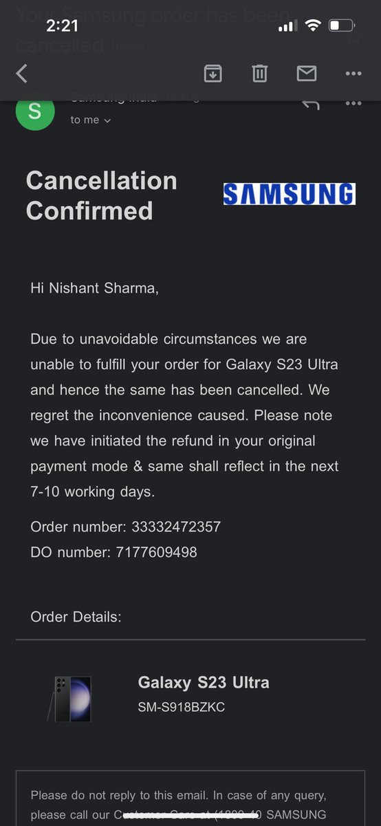 sharmaaajee's tweet photo. After 15 days of waiting and promises for delivery, @SamsungIndia cancelled my order without reason. Now the exchange offer is unavailable on the website so I cant re place the order. I’ve already purchased a charger and case and cant purchase phone now. Moving ahead legally now. https://t.co/XL4G4eoh8V
