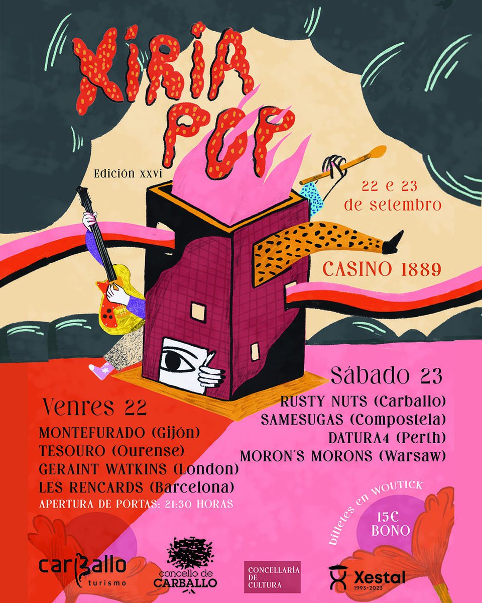 samesugas's tweet photo. Aqui está o cartaz do XXVI @XiriaPop !!!

#Montefurado (Xixón) 📷
#Tesouro (Ourense) 📷
#GeraintWatkins (Londres) ,📷
#LesRencards (Barcelona) 📷
#RustyNuts (Carballo) 📷
@samesugas  (Compostela) 📷
@Datura4band (Perth) 📷
#MoronsMorons (Varsóvia) 📷 https://t.co/NSK9kKP1YP