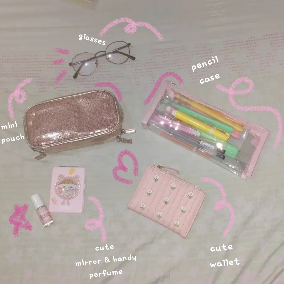 archivesbyanj's tweet photo. "what's in my bag" (college edition) 🎀👜🍥

— #studytwtph #studytwt #college https://t.co/lMnyFkXh2v