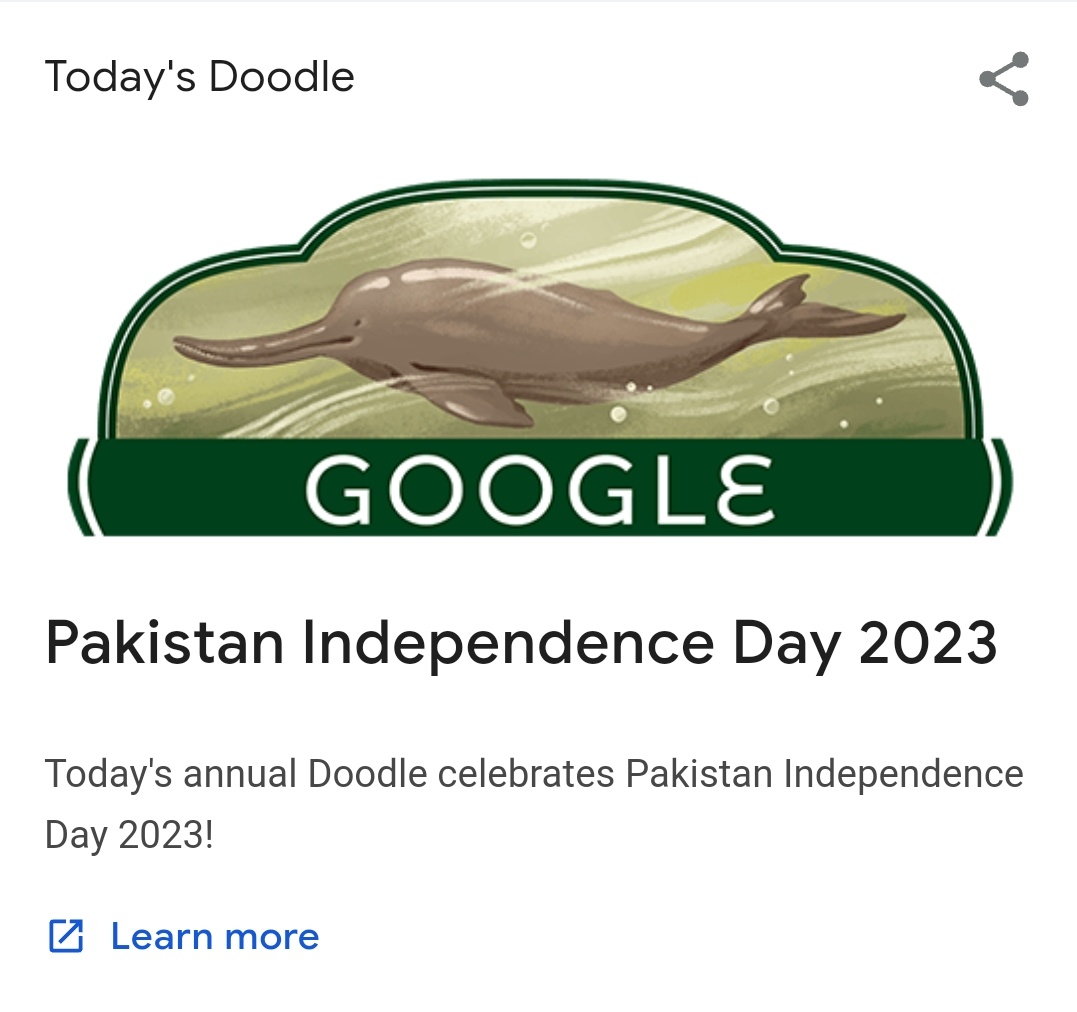 anamdeveloper's tweet photo. Today on 14th August 2023, Google Doodle artwork features a toothed #whale #species that is endemic to Pakistan 🇵🇰 — The Indus river #dolphin 🐬. 

Happy Independence Day Pakistan! 

#pakistanindependenceday #14august2023 #doodle #googledoodle #azadi #pakistan  #doodleartwork https://t.co/dOYLy7XiYo