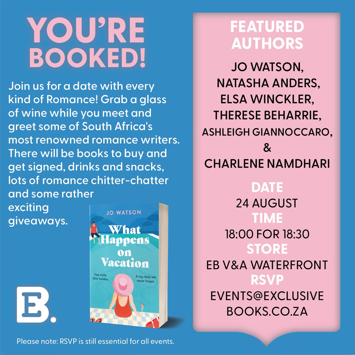 📍🗓️ Join us at EB <a href="/VandAWaterfront/">vandawaterfront</a> for a date with every kind of Romance!

@JoWatsonWrites <a href="/NatAndersAuthor/">Natasha Anders Author</a> <a href="/elsawinckler/">Elsa Winckler</a> @ThereseBeharrie <a href="/mrsgiannoccaro/">Ashleigh Giannoccaro Author</a>

RSVP is essential to events@exclusivebooks.co.za