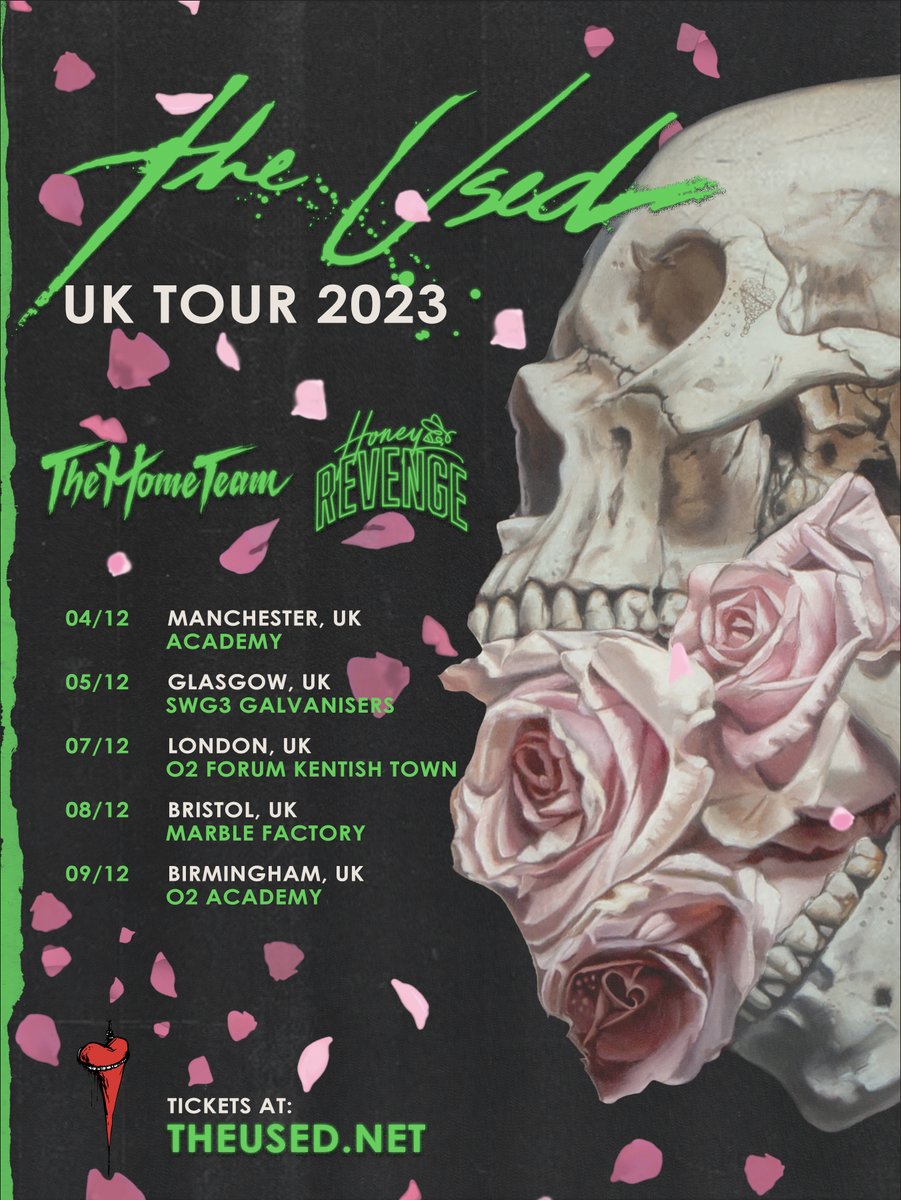 WeAreTheUsed's tweet photo. 🇬🇧UK! It has been far too long (since 2018!) and we’ve missed you so much. We’re so excited to come back this December with special guests @TheHomeTeamNW and @honeyrevengeca. 💚

Pre-sale starts tomorrow (use code TOXIC) and general on sale is Friday at 10am BST. https://t.co/S4UFYCsWyb