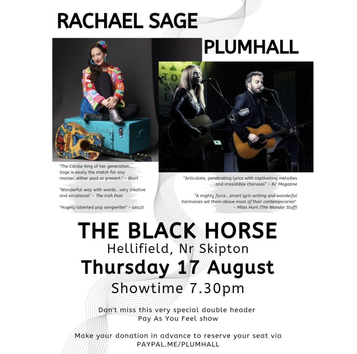 Our only <a href="/plumhall/">Plumhall</a> show this Summer and it’s a great one! This Thursday! The mesmerising Rachael Sage + Plumhall near Skipton! It's a PAYF show. You can reserve seats with a prior payment of your choice via PayPal.me/plumhall. This will be a very special night! <a href="/rachaelsage/">Rachael Sage</a>