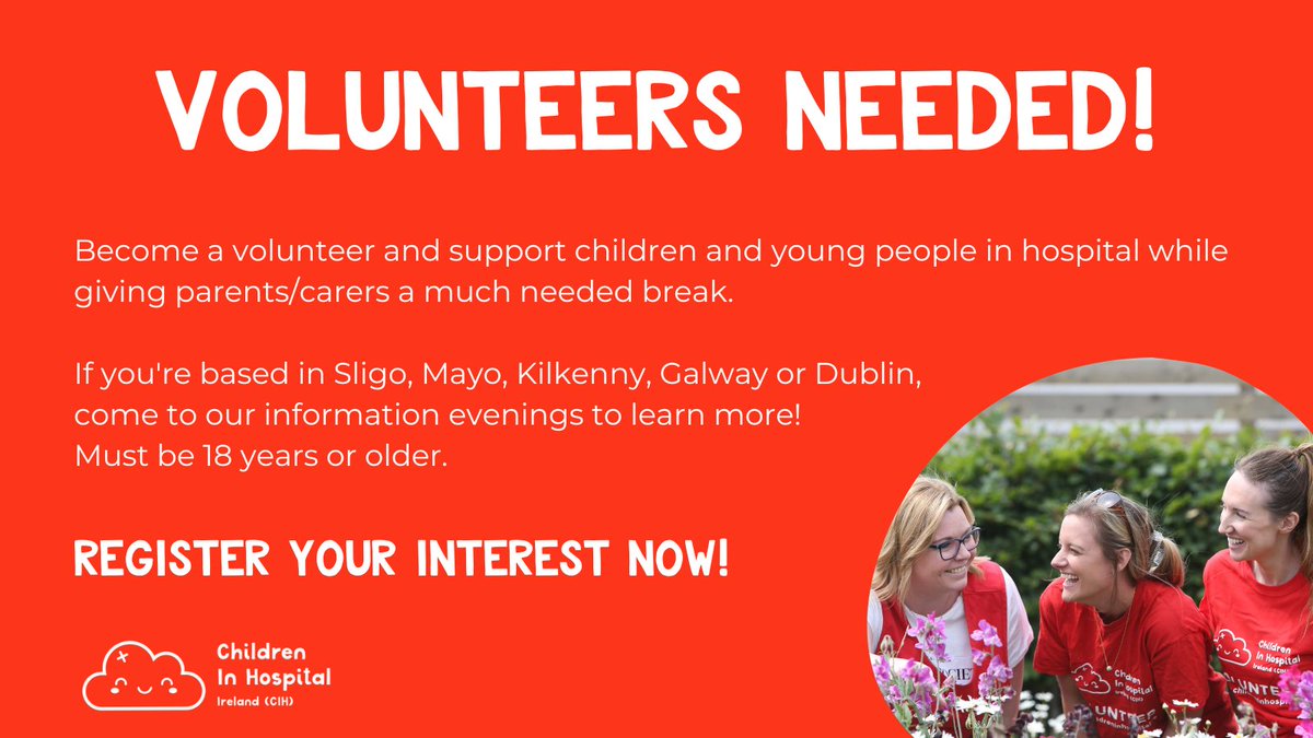 We're looking for volunteers!! 📣 You will have the opportunity to support children in hospital with games, telling stories, arts and crafts and more.  

Register your interest here - childreninhospital.ie/volunteer-inte…