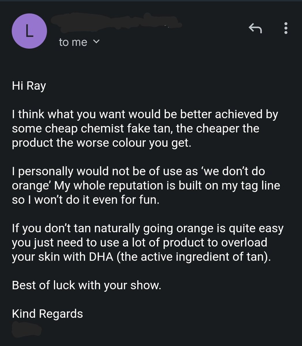 rayolearycomedy's tweet image. I was genuinely turned down by a tanning salon for violating their code of ethics #taskmasternz