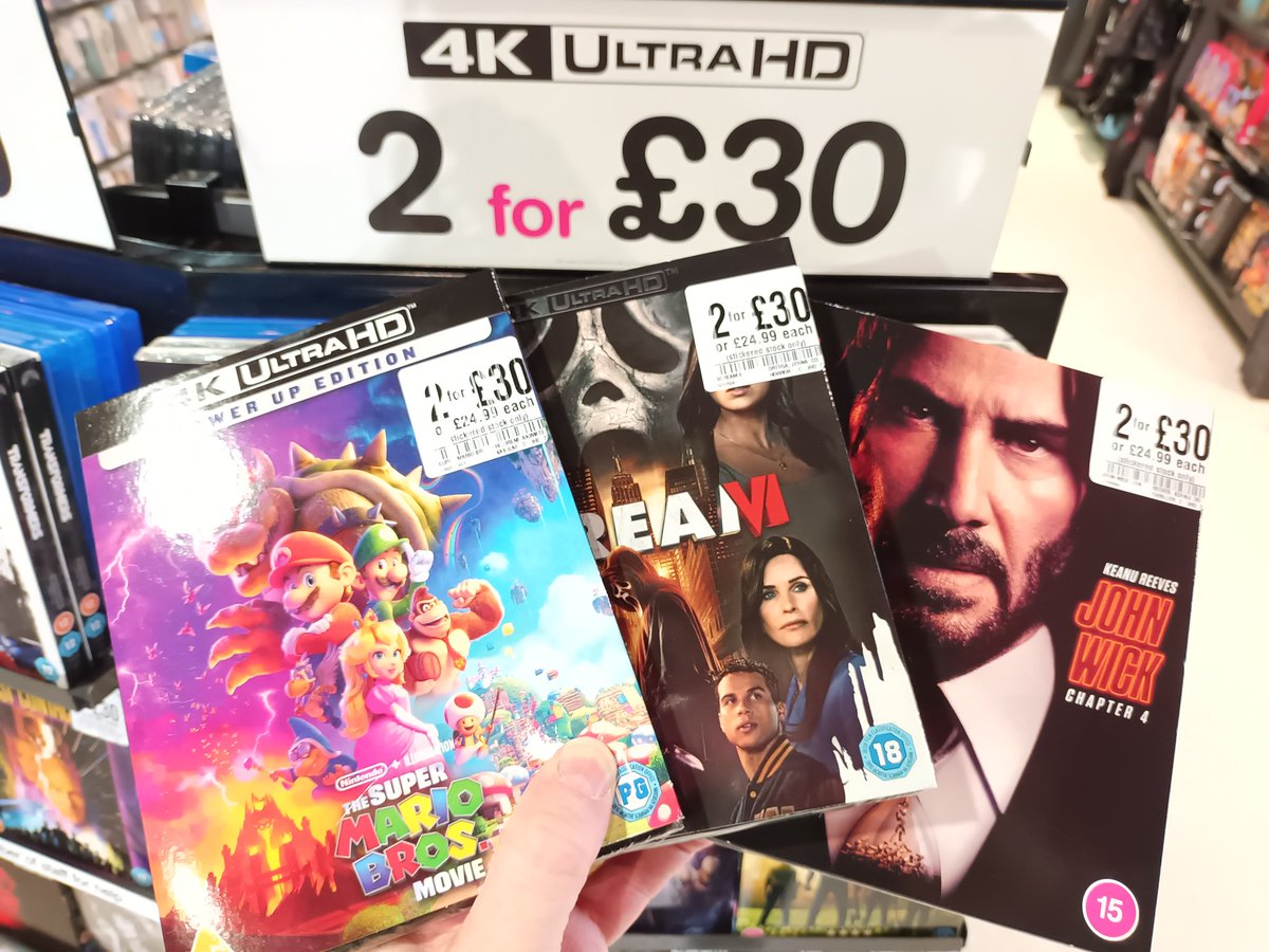 hmvBelfast's tweet photo. New additions into the 2 for £30 deal
#JohnWick4 #Scream6 #SuperMarioBrosMovie #AntMan #KnockattheCabin #Fablemans #uhd #4k @avocadoom89 @the4kCollectivE @4KFilme @UltraHDBluray @HDMOVIESOURCE https://t.co/JHTNUzmEZY