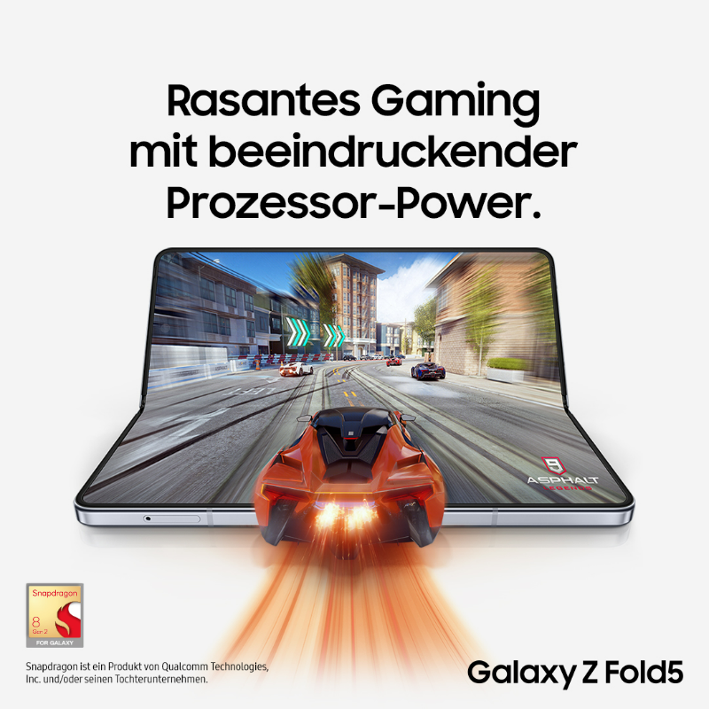 SamsungDE's tweet photo. Gaming to go: Dank der Prozessor-Power des neuen Galaxy Z Fold5 erlebst du rasantes und flüssiges Gaming – egal, ob zuhause oder unterwegs.