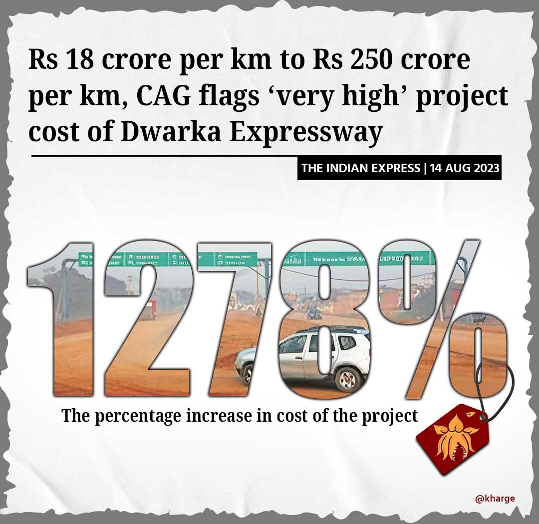 kharge's tweet photo. BJP's Corruption & Loot is taking the nation on a Highway to Hell ! 

In a scathing report against Modi Govt, CAG has pointed that Bharatmala Pariyojana is being built with- 

▪️ Innumerable deficiencies, 
▪️ Non-compliance of outcome parameters, 
▪️ Clear violation of tender bidding process, and 
▪️ Huge funding mismanagement 

One of the stark examples of the fraud, in this scheme, is the Dwarka Expressway. CAG has exposed that :- 

▫️ Cost of this project was originally estimated at ₹528.8 Cr but later zoomed to ₹7287.2 Cr — a whopping 1278% increase !!

▫️ Dwarka Expressway was appraised and approved without any detailed project report.

▫️ The planned toll rates shall hinder the recovery of capital cost of the project and result in undue financial burden on commuters. 

▫️ Lane configurations of Dwarka-Expressway were determined without analysing the development of nearby competing infrastructure.  

▫️ Construction was done with suboptimal specifications.

Pradhan Mantri ji, 

You need to look within, before you harp about Corruption against your opponents, because you are overseeing it yourself !! 

In 2024, INDIA will make your Govt accountable.
