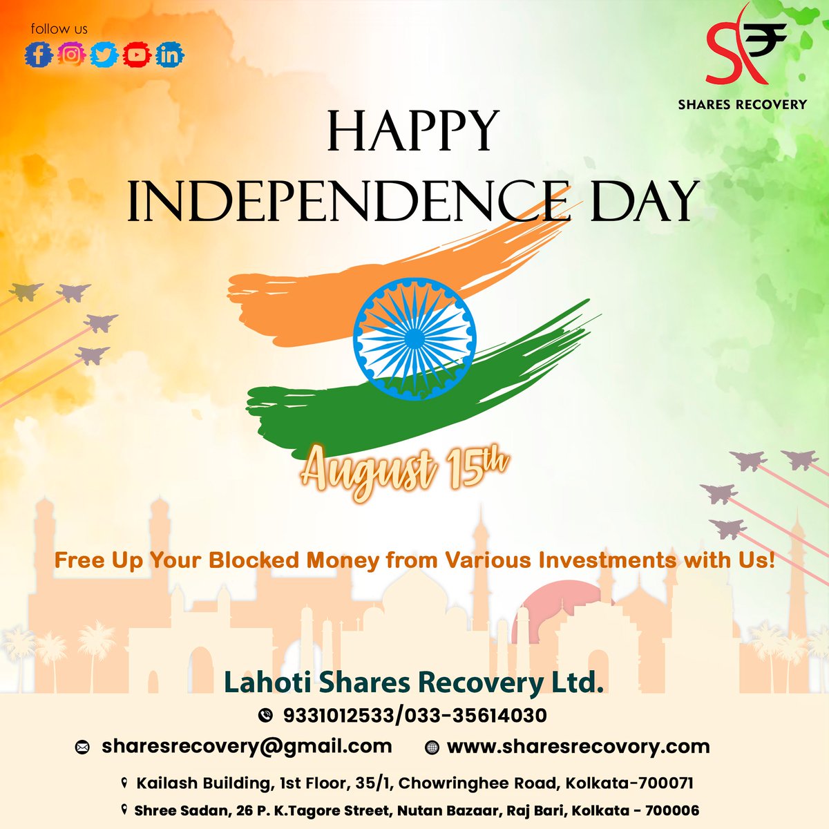 SharesRecovery's tweet photo. 𝐂𝐞𝐥𝐞𝐛𝐫𝐚𝐭𝐞 𝐅𝐫𝐞𝐞𝐝𝐨𝐦 𝐨𝐧 𝐈𝐧𝐝𝐞𝐩𝐞𝐧𝐝𝐞𝐧𝐜𝐞 𝐃𝐚𝐲! 𝐔𝐧𝐥𝐨𝐜𝐤 𝐘𝐨𝐮𝐫 𝐁𝐥𝐨𝐜𝐤𝐞𝐝 𝐈𝐧𝐯𝐞𝐬𝐭𝐦𝐞𝐧𝐭𝐬 𝐰𝐢𝐭𝐡 𝐔𝐬 𝐚𝐧𝐝 𝐄𝐦𝐛𝐫𝐚𝐜𝐞 𝐅𝐢𝐧𝐚𝐧𝐜𝐢𝐚𝐥 𝐋𝐢𝐛𝐞𝐫𝐚𝐭𝐢𝐨𝐧!
#IndependenceDayIndia  #HappyIndependenceDay #India #15thAugust https://t.co/nTowkfLStO