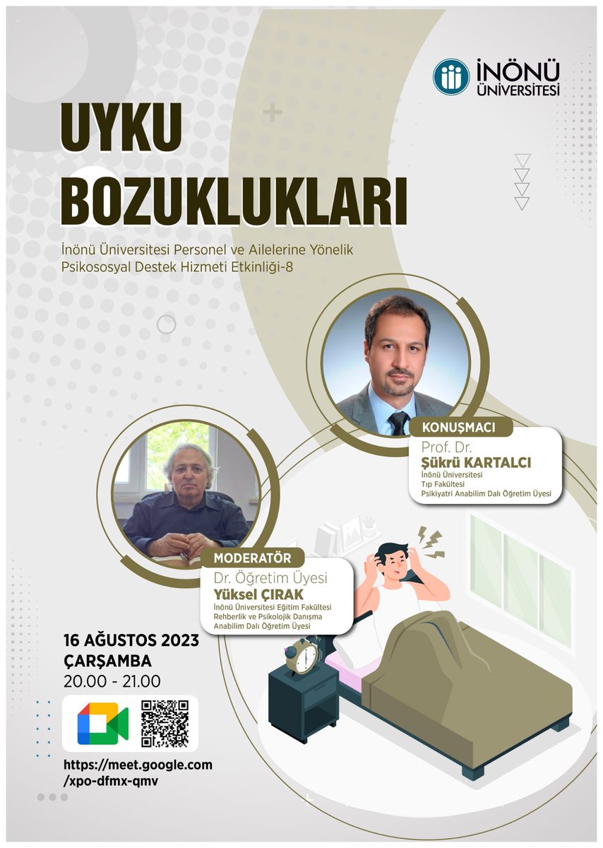 Sekizinci etkinliğimizi Uyku Bozuklukları gündemiyle gerçekleştiriyoruz. İlgili bütün mensuplarımızı ve ailelerini çevrimiçi etkinliğimize davet ediyoruz. 

Etkinlik linki: meet.google.com/xpo-dfmx-qmv 
Etkinlik zamanı: 16 Ağustos Çarşamba 2023 Saat: 20:00 - 21:00