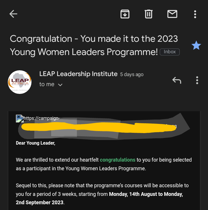 I am excited to have been selected to be a 2023 cohort to the young women Leaders Programme!🎊🙌 <a href="/LEAPAfrica/">LEAP Africa</a> can't wait to re-learn and connect with other young women leaders around the African region.