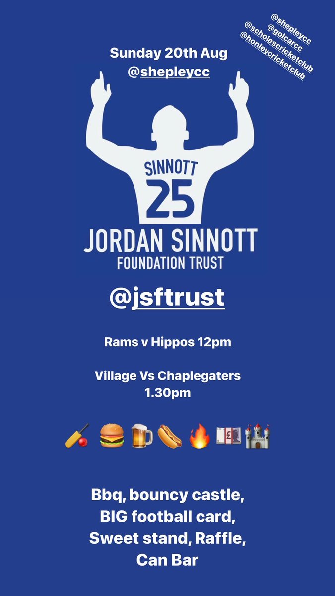 Al Lee (@aldog4003) on Twitter photo Be good to see as many people as we can to raise some more money for us <a href="/JSFTrust/">The Jordan Sinnott Foundation Trust.</a> to keep doing the work we do! 
<a href="/ShepleyCricket/">Shepley Cricket Club</a> <a href="/honleycc/">Honley Cricket Club</a> <a href="/Huddsscholescc/">Scholes CC</a> <a href="/Golcarcc/">Golcar Cricket Club</a> 
Thanks for all your support ❤️❤️❤️ Be good to see as many people as we can to raise some more money for us <a href="/JSFTrust/">The Jordan Sinnott Foundation Trust.</a> to keep doing the work we do! 
<a href="/ShepleyCricket/">Shepley Cricket Club</a> <a href="/honleycc/">Honley Cricket Club</a> <a href="/Huddsscholescc/">Scholes CC</a> <a href="/Golcarcc/">Golcar Cricket Club</a> 
Thanks for all your support ❤️❤️❤️