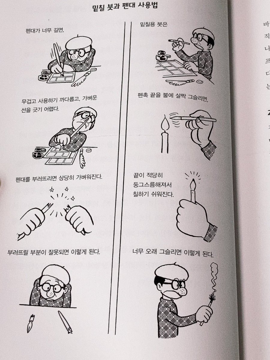 그당시 출판만화 형식의 연출법, 만화 도구 다루는 법이나 팁 같은게 나와있는데 현대에 와서는 디지털로 작업한 웹 게시 만화가 대부분이라 이런 아날로그 기술들이 정말 흥미롭고 신기하게 다가옵니다. 수작업의 세계에 관심이 있으신 분들은 읽어보셔도 좋을것 같아요