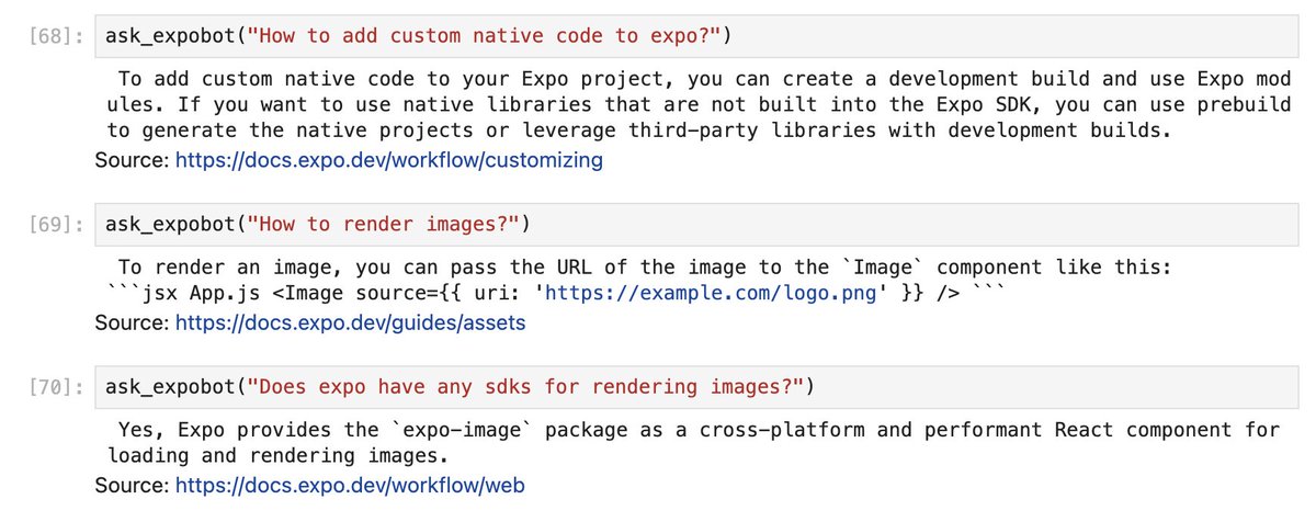 Playing around with langchain and offline LLMs today – made a bot that answers questions based on expo docs 📖

This is mostly based of this tutorial, but with llama.cpp for both LLM and embedding models and Redis as vectorstore.
python.langchain.com/docs/use_cases…