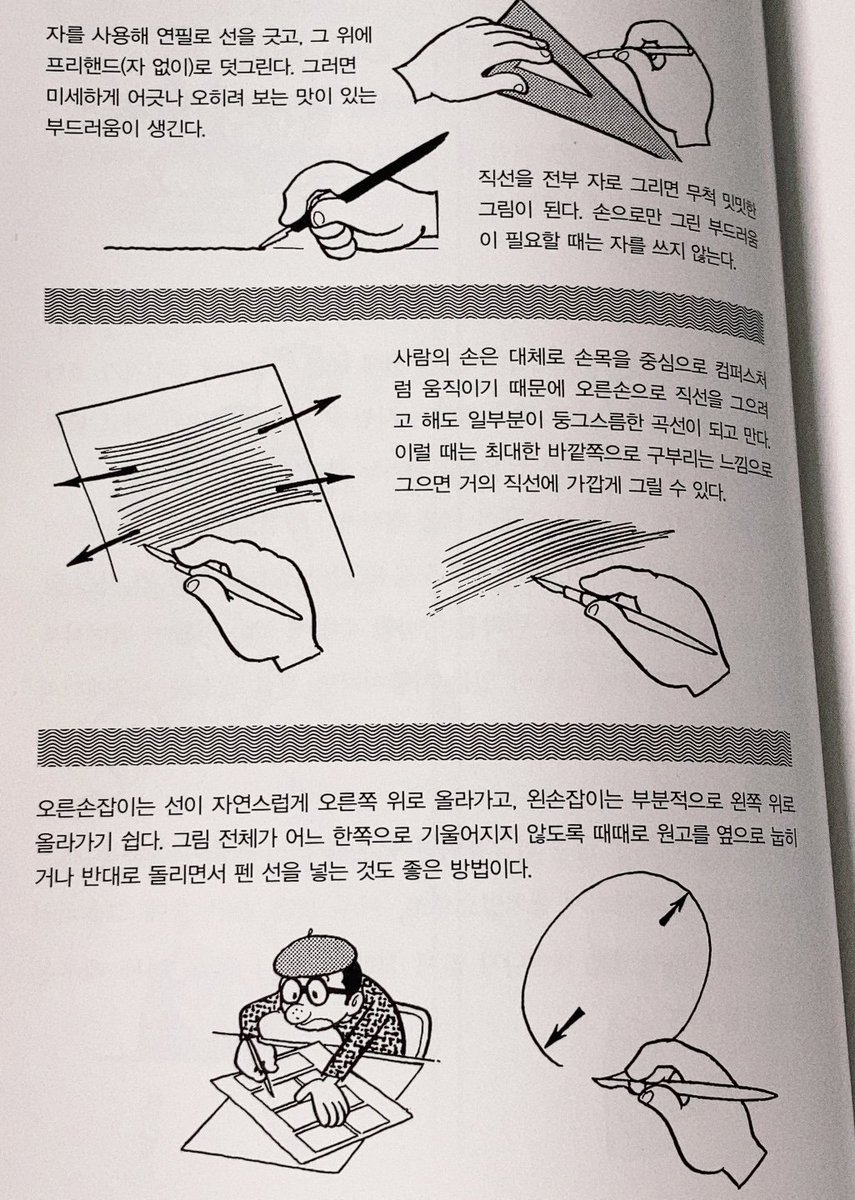 그당시 출판만화 형식의 연출법, 만화 도구 다루는 법이나 팁 같은게 나와있는데 현대에 와서는 디지털로 작업한 웹 게시 만화가 대부분이라 이런 아날로그 기술들이 정말 흥미롭고 신기하게 다가옵니다. 수작업의 세계에 관심이 있으신 분들은 읽어보셔도 좋을것 같아요