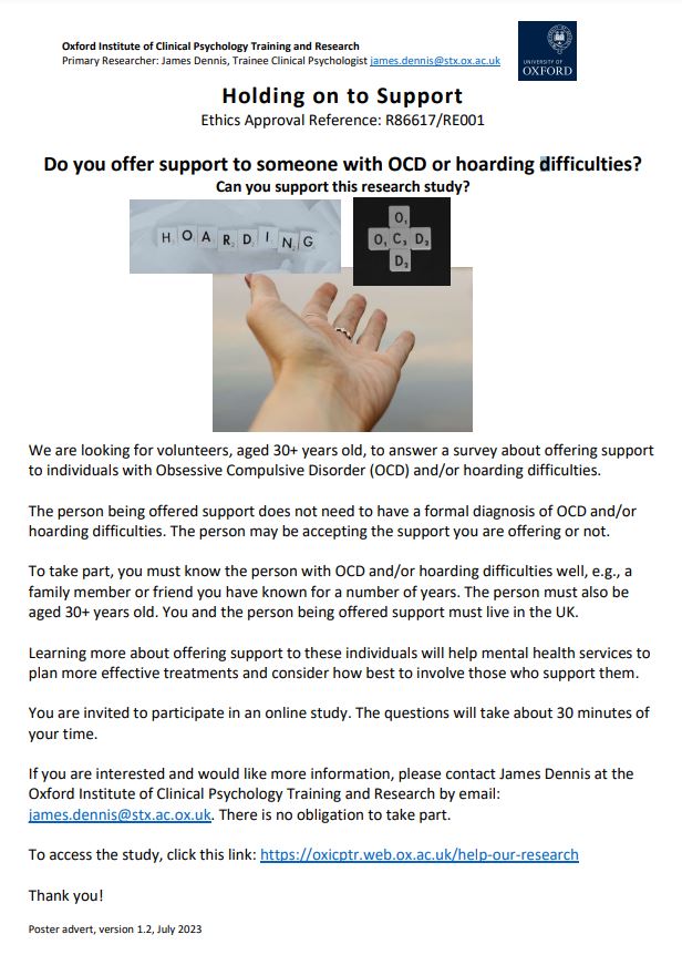 🚀Survey now open! 🚀 Seeking people who offer support to individuals with OCD or hoarding difficulties. Please respond or share and help us to better understand how support works in these situations 🧠 oxicptr.web.ox.ac.uk/help-our-resea…