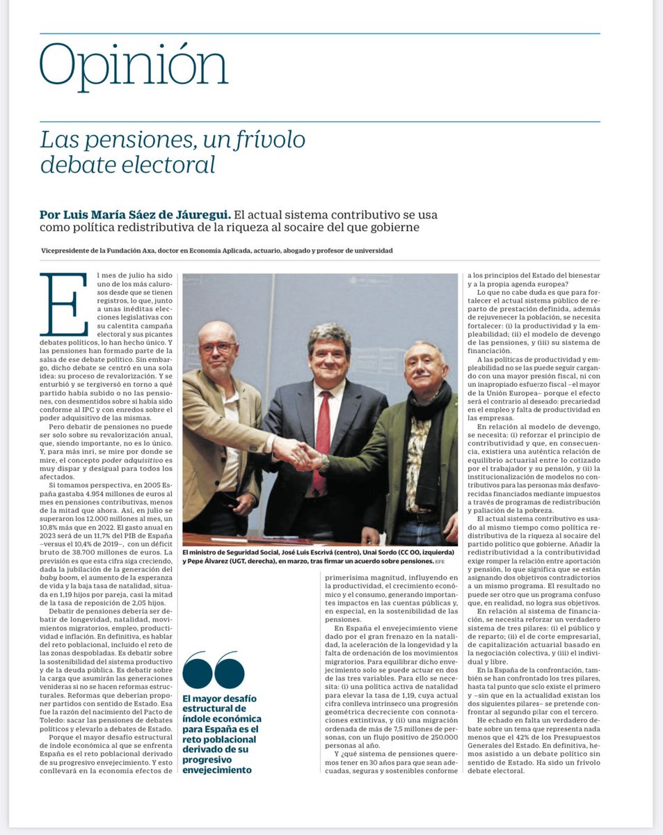 📣 #Artículo (2023): “Las pensiones, un frívolo debate electoral”. <a href="/CincoDiascom/">CincoDiascom</a> CINCO DÍAS. nº lunes, 14 de agosto de 2023. Pág. 26.
🌐
Léelo aquí:
cincodias.elpais.com/opinion/2023-0…
