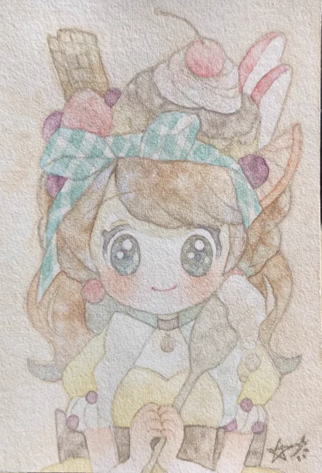 ✿.通販作品の紹介 スイーツの擬人化ちゃん レトロな雰囲気をイメージして描きました。甘い幸せをあなたに届けたい。 ご縁がありましたらよろしくお願いいたします。  #アナログイラスト #透明水彩 