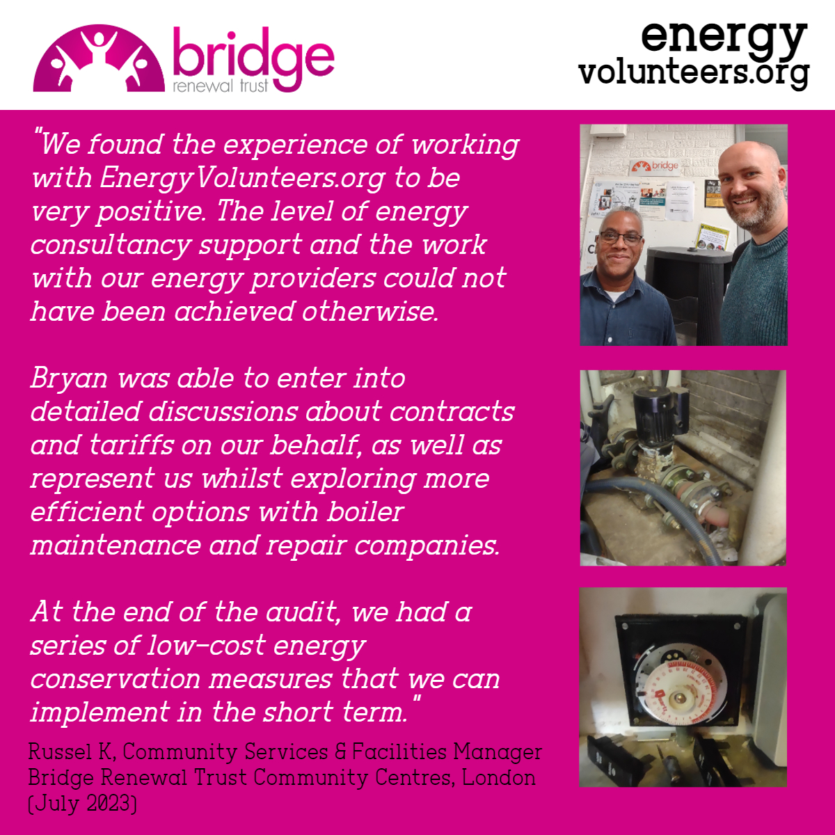 @ReachVolunteer Great initiative @ReachVolunteer and something we are trying to help with; linking small and medium sized charities with energy specialist volunteers to help them reduce their energy consumption and utility costs like the @BridgeRenewal Trust below😃 #energyvolunteers