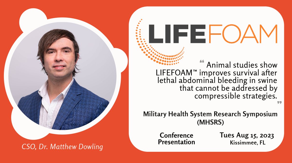 CSO, Dr. Matthew Dowling will discuss the breakthrough technology LifeFoam, which has shown a significant advance in survival outcomes in vivo in a model of lethal non-compressible hemorrhage.
#biotech #sciencenews #militaryhealth #militarytechnology #conferencespeaker