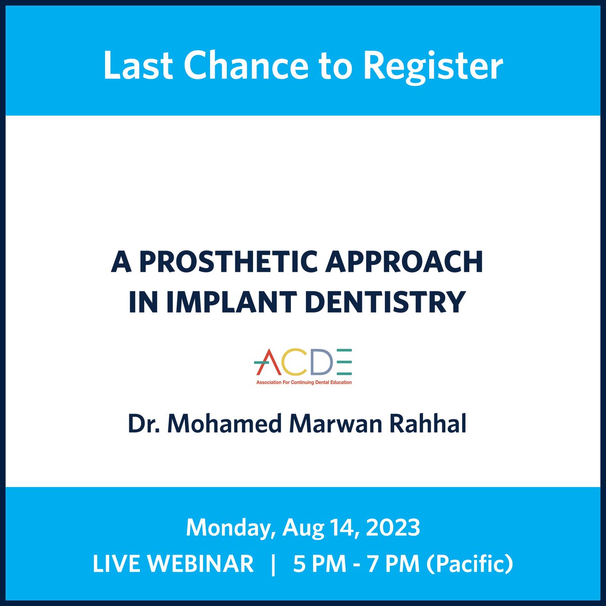 A PROSTHETIC APPROACH IN IMPLANT DENTISTRY
Monday, August 14, 2023 | 5 PM - 7 PM (Pacific) | LIVE WEBINAR
dentistry.ubc.ca/cde/calendar/
