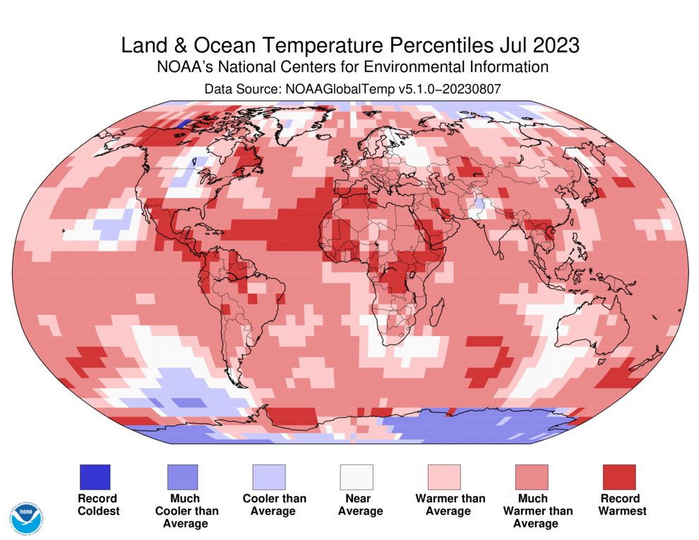 (1 of 5) IT’S OFFICIAL:

Earth just had its hottest July in 174 years.

4th consecutive month of record-high global ocean surface temperature.

Antarctica #SeaIce coverage had a record-low in July for the 3rd consecutive month.

bit.ly/3OTnxkT

<a href="/NOAANCEI/">NOAA NCEI</a> #StateOfClimate
