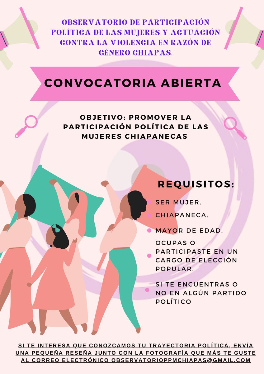 ObservMujChiap's tweet photo. #Chiapas Si eres mujer y chiapaneca, participa en nuestra convocatoria para visibilizar la participación política de las mujeres en el estado. 

#observatorioppmchiapas
#ViolenciaDeGénero
#violenciapolitica https://t.co/OGPKTDEzUq