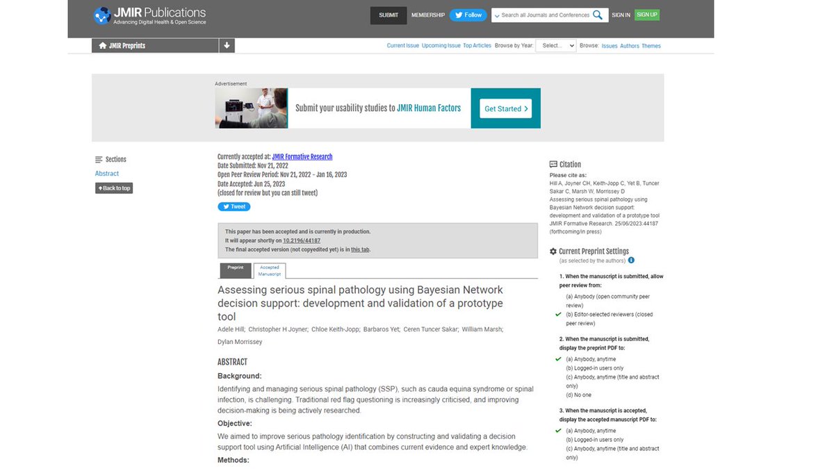 Delighted our paper has been accepted in <a href="/jmirpub/">JMIR Publications</a> Formative Research! Article still in press but accepted version is now available:

Assessing serious spinal pathology using Bayesian Network decision support: development and validation of a prototype tool
preprints.jmir.org/preprint/44187