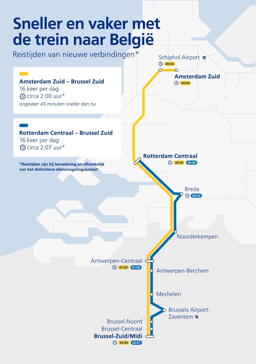 NS_Int's tweet photo. Sneller en vaker naar België! Het aantal treinen naar België verdubbelt van 16 naar 32 per dag. Ook rijdt er straks een snellere trein, de ICNG. Lees https://t.co/ynpWpCRlke #icbrussel https://t.co/pEvVTGpIML