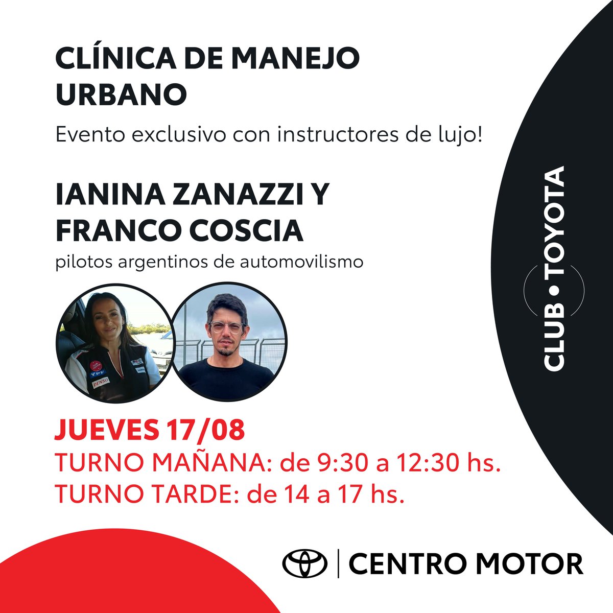 ToyotaCentro's tweet photo. El jueves 17/08 invitamos a todos los miembros de Club Toyota a disfrutar de una clínica de manejo urbano con instructores de lujo.

¡Hay cupos limitados! Reservá tu lugar en 👉🏽 https://t.co/FaS5ktnTUO https://t.co/Q1UPvGVBCJ