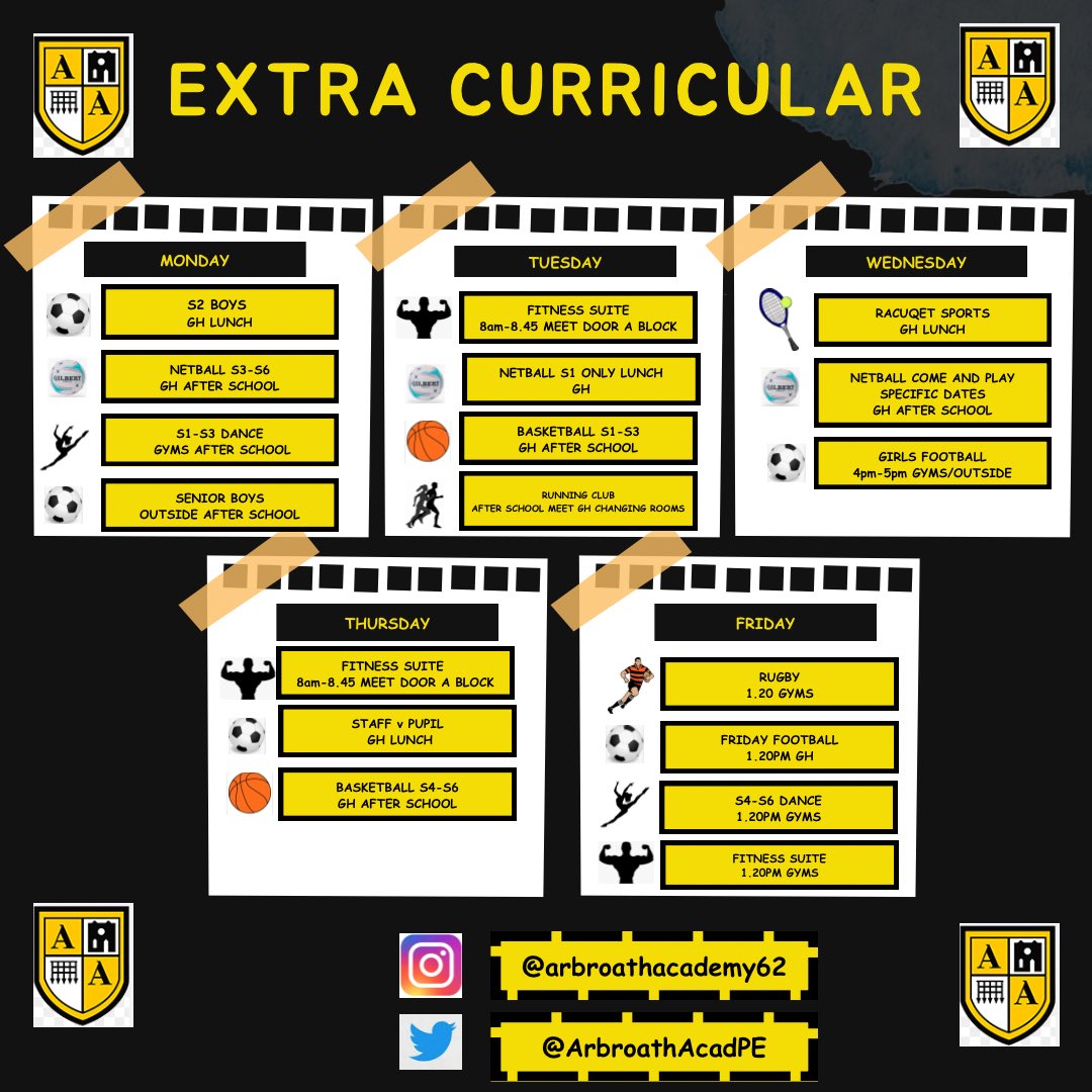 ArbroathAcadPE's tweet image. Our extra curricular club timetable 2022-2023. 
All clubs will start MONDAY 21st of August apart from come and play netball which will start this week.