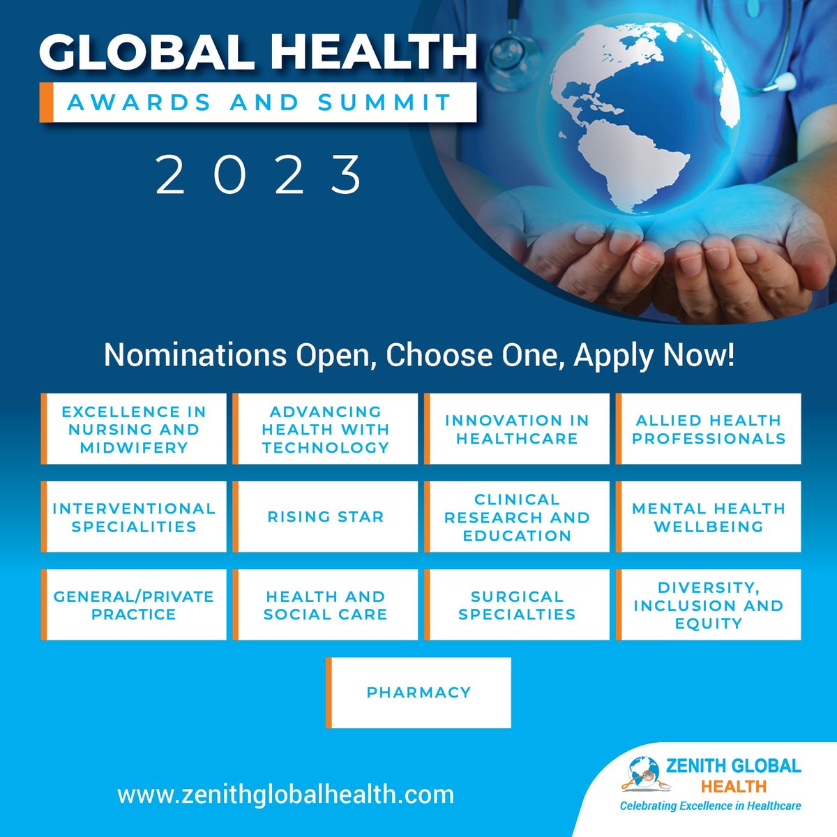 Nominations for the 2023 Global Health awards end in just 7 days 👏Who will you Nominate #excellenceinhealthcare  zenithglobalhealth.com/categories/cat…
<a href="/ezabe2/">Elizabeth P</a> <a href="/BethjmOT/">Bethany💚</a> <a href="/RuthOshikanlu/">Dr Ruth Oshikanlu MBE RN RM RHV QN FRCN FAAN FRSPH</a> <a href="/joan_myers/">Dr Joan Myers OBE, QN, FQNI</a> <a href="/CnmaUk/">CNMA (UK)</a> <a href="/JaneLambertECG/">Jane Lambert</a> <a href="/CNOWales/">Sue Tranka 💙 RN,FQNI</a> <a href="/BURSTurology/">BURST Urology</a> <a href="/MANSAG_uk/">Medical Assoc of Nigerians Across Great Britain</a> <a href="/waverley/">Zzee Monster</a>