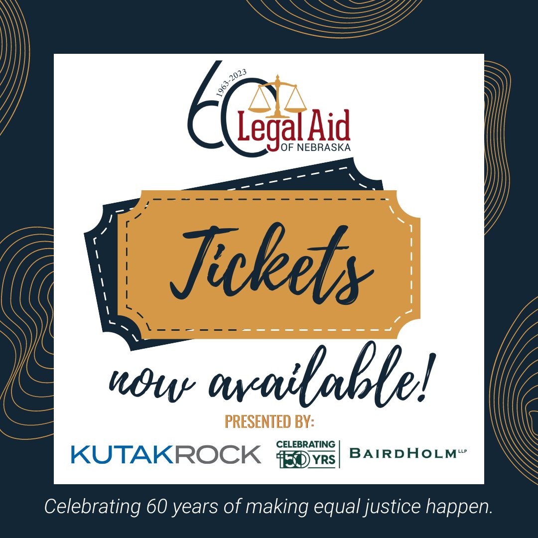 LegalAidNEB's tweet photo. 📢 Exciting news- tickets are now available for Legal Aid of Nebraska's 60th Anniversary Celebration! Join us at Founders One | Nine in Omaha on Oct. 6 at 5 PM. Together we will celebrate 60 years of making equal justice happen!🎉

🔗Tickets are available at the link in our bio🔗 https://t.co/rOBJeZYIEs