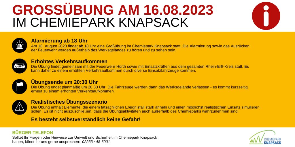 ChemieKnapsack's tweet photo. Am 16.08.2023 findet ab 18 Uhr die #Großübung im #ChemieparkKnapsack statt. 🚨
Es ist nicht auszuschließen, dass die Übungsaktivitäten auch außerhalb des Chemieparks wahrzunehmen sind. Es besteht keine Gefahr 🤝

Alle Infos gibt's hier: ▶️ https://t.co/6lakuLpJYo
@StadtHuerth https://t.co/f8GnM8OK16