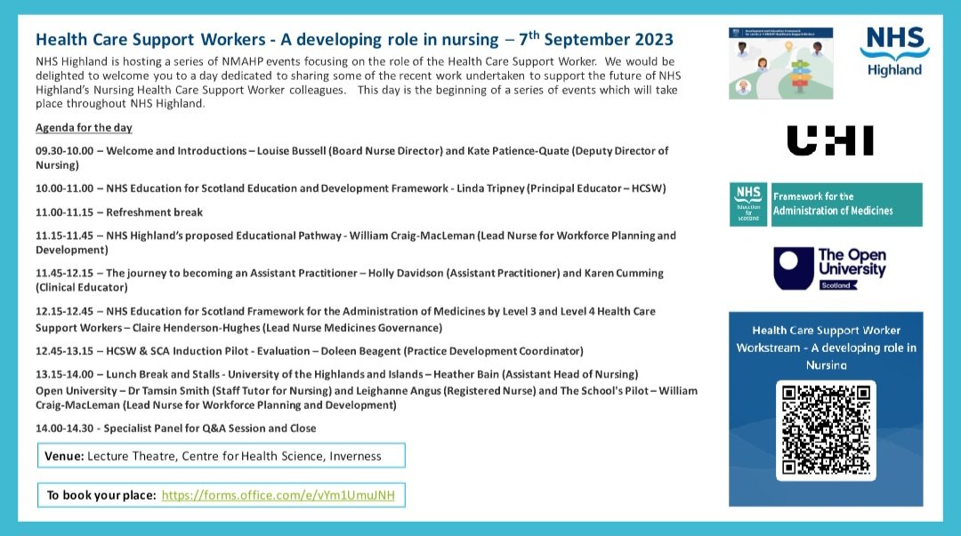 Join us for the first of a series of learning events, focusing on the learning and development of <a href="/NHSHighland/">NHS Highland</a> Health Care Support Workers! Book your place now!  We look forward to welcoming you. <a href="/LindaTripney/">Linda</a>  <a href="/Wills1216/">William C-M</a> @bellkaren14 <a href="/cromulan/">Tamsin Smith</a> <a href="/HeatherBain9/">Heather Bain 💙</a> <a href="/NMAHP_Highland/">NMAHP NHS Highland</a> #HCSW