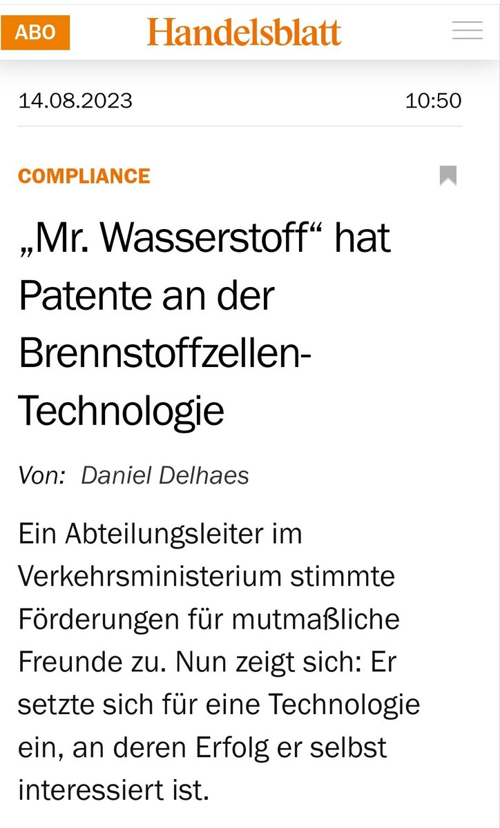 Unfassbar, was <a href="/handelsblatt/">Handelsblatt</a>  aufdeckt: 

1. @bmdv-Abteilungsleiter segnete 98,5 Mio € Fördergelder für mutmaßl. Freunde der Wasserstoffwrirschaft ab.

2. Derselbe Abteilungleiter verdient am Erfolg der Brennstoffzellen-Technologie mit, denn er hält entsprechende Patente 🤑🤑🤑