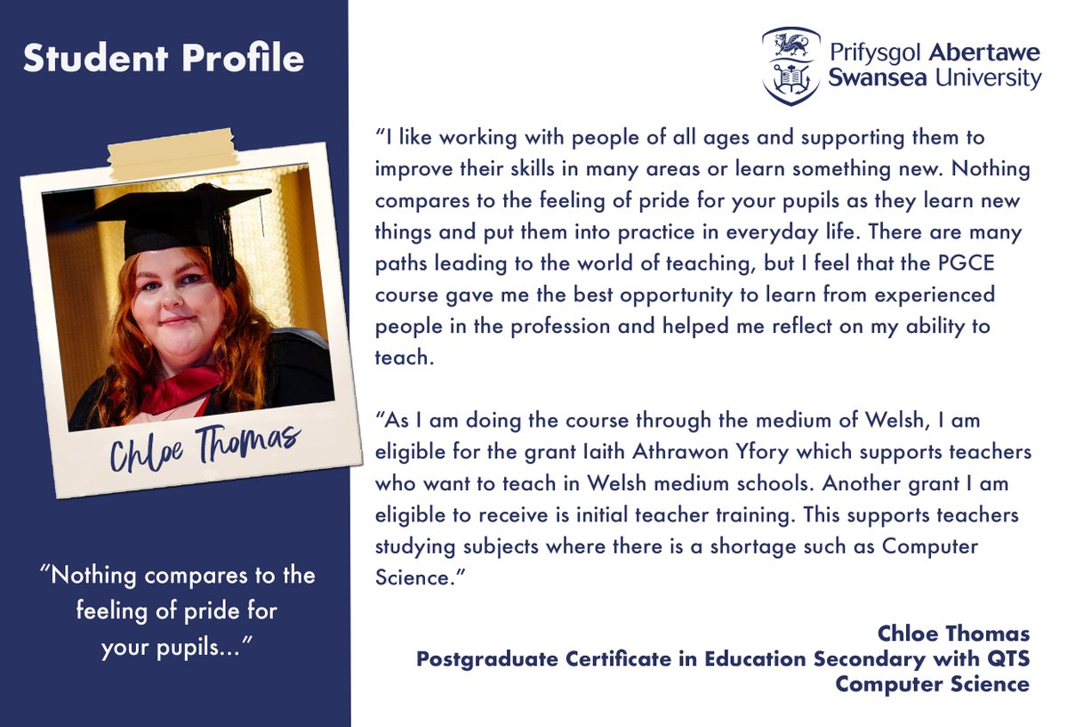 PGCEswanseauni's tweet photo. “The PGCE course gave me the best opportunity to learn from experienced people in the profession.”

Chloe Thomas shares her experience of our PGCE course. 👩‍🏫

💻 Learn about our PGCE Computer Science, ICT and Digital Technology course ➡️ https://t.co/3YOS7NNCMf
#computerscience https://t.co/ZtAS7qxOqp
