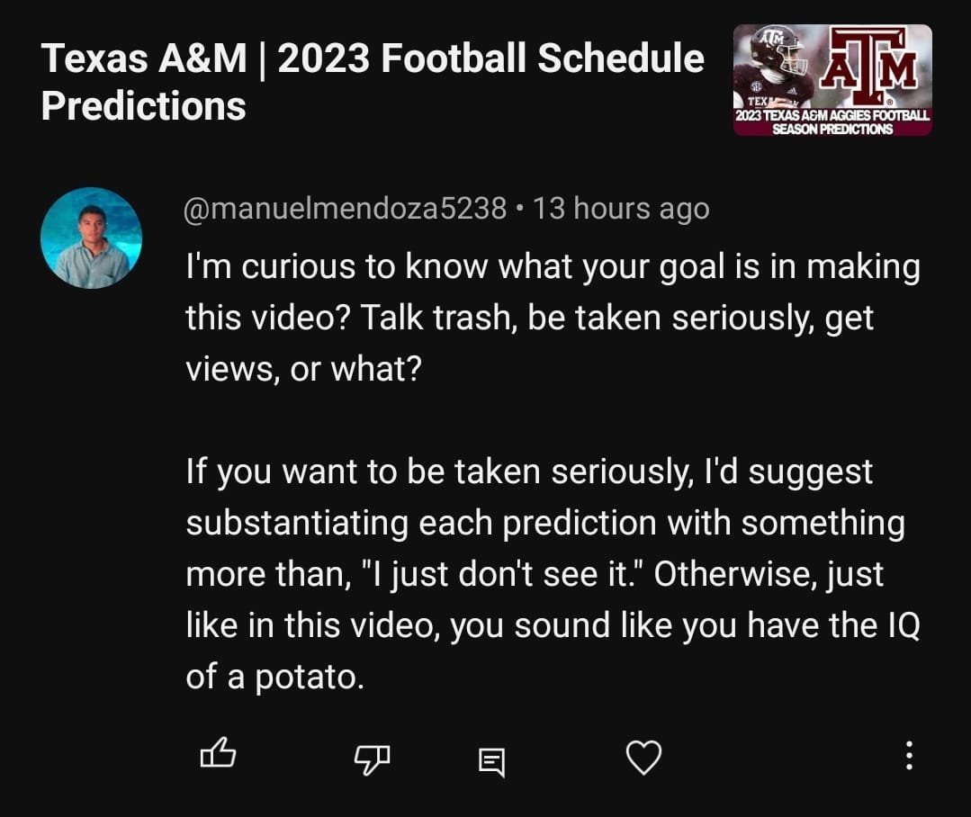 AsherTrasherYT's tweet image. Gosh, look at all these goofballs trying to leave hate comments. It's a prediction. not a dick. Don't take it so hard. 

#hatecomments #youtube #youtuber #collegefootball #football