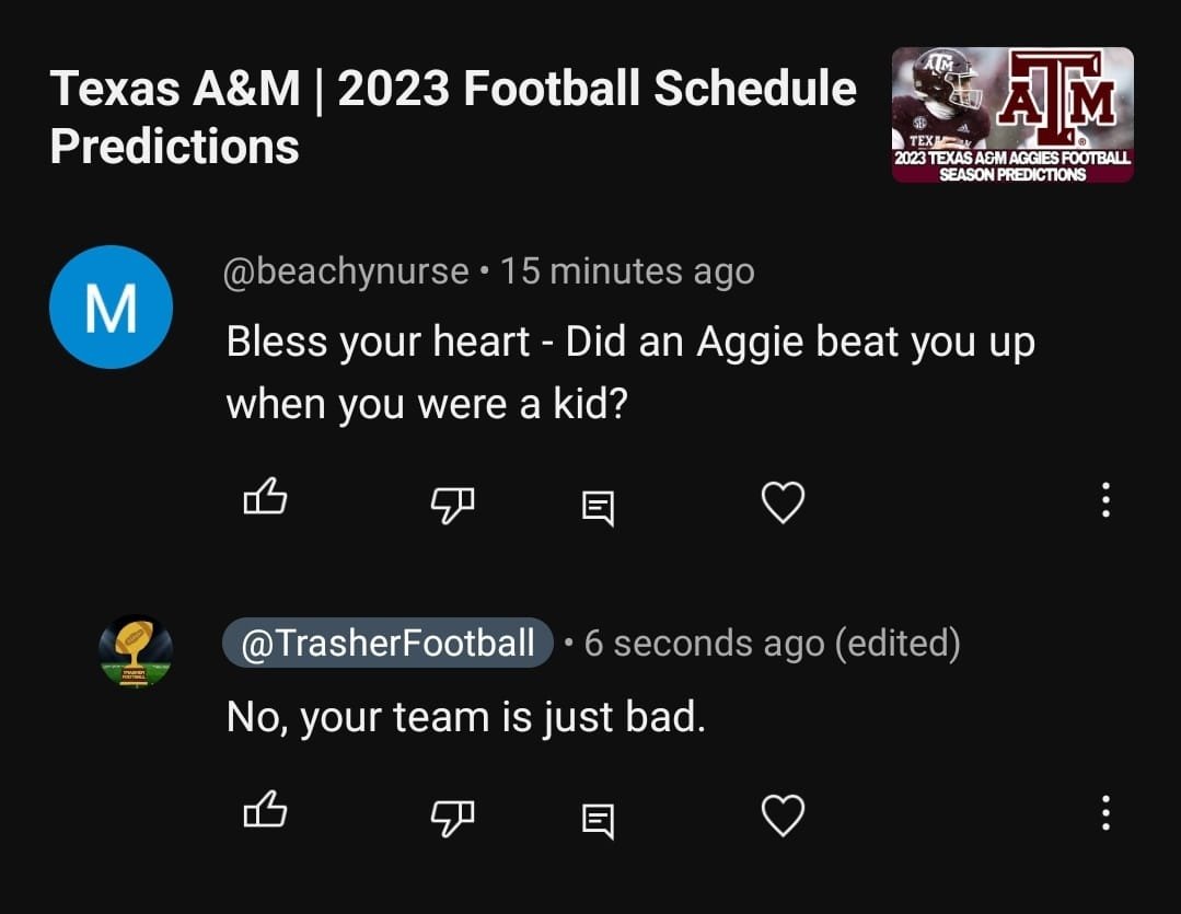 AsherTrasherYT's tweet image. Gosh, look at all these goofballs trying to leave hate comments. It's a prediction. not a dick. Don't take it so hard. 

#hatecomments #youtube #youtuber #collegefootball #football
