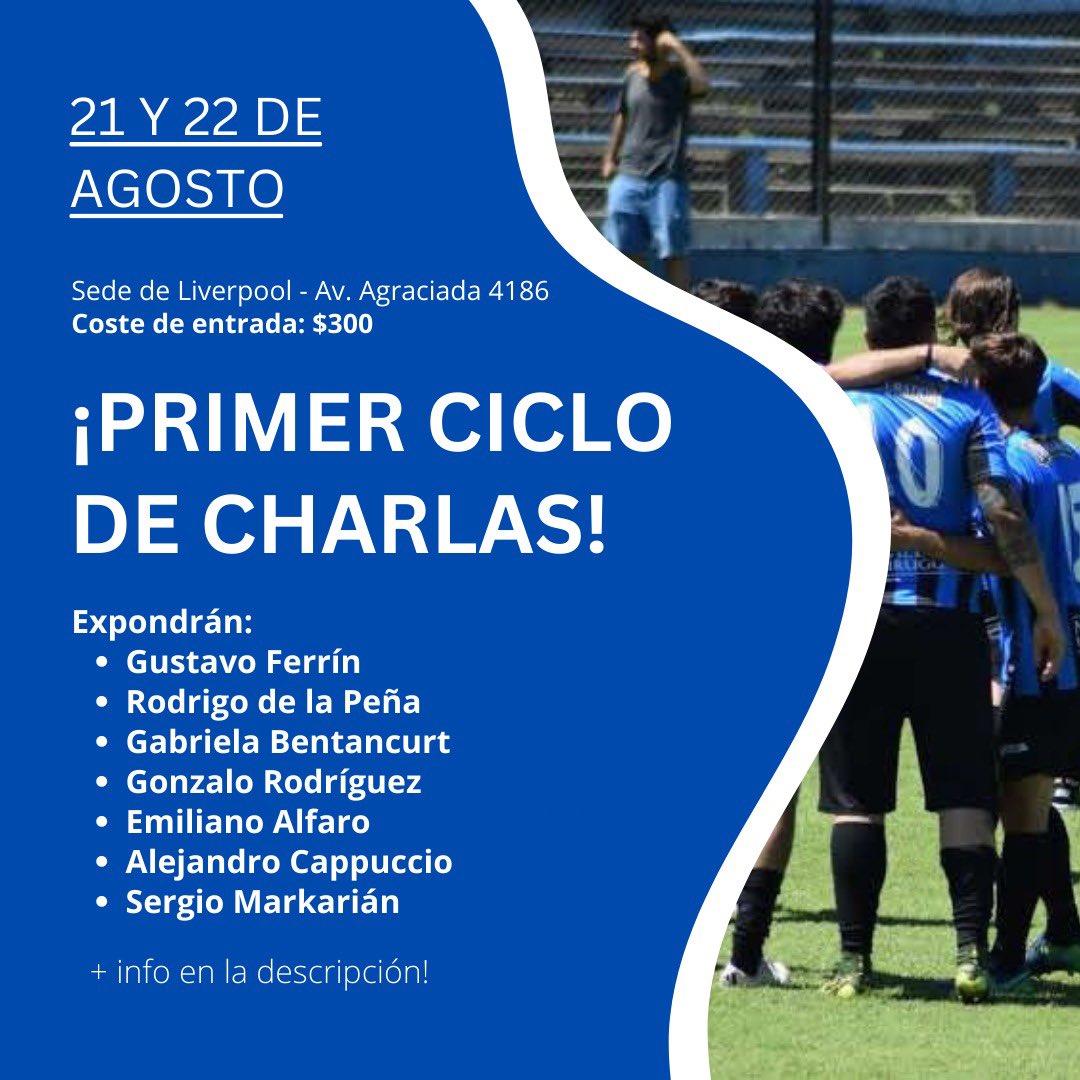 Stoian Cristoff (@stoian_cristoff) on Twitter photo 🗣️ Se viene el primer ciclo de charlas de <a href="/Liverpool_U/">Liverpool U.</a>:
📅 21 y 22 de agosto
📍 Sede de <a href="/LiverpoolFC1915/">Liverpool Fútbol Club</a> (Agraciada 4186)
💰 Costo entrada: $300
Por más info 📱 094113078 🗣️ Se viene el primer ciclo de charlas de <a href="/Liverpool_U/">Liverpool U.</a>:
📅 21 y 22 de agosto
📍 Sede de <a href="/LiverpoolFC1915/">Liverpool Fútbol Club</a> (Agraciada 4186)
💰 Costo entrada: $300
Por más info 📱 094113078