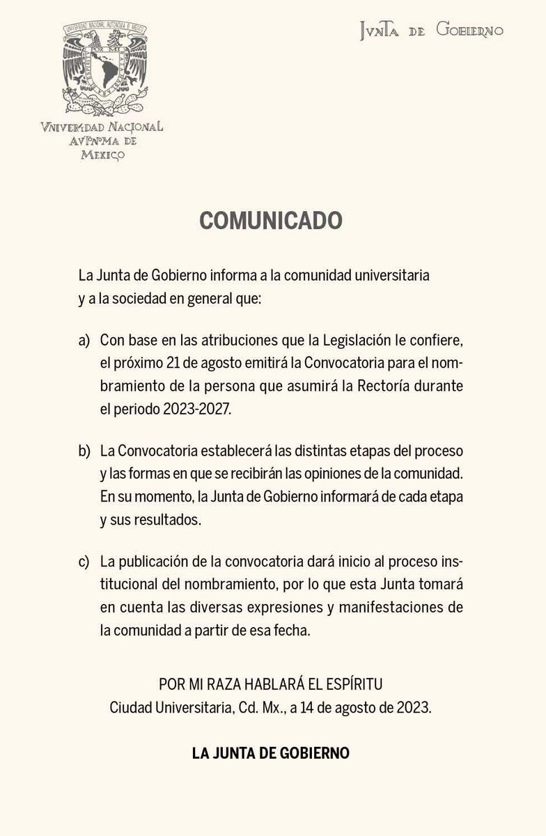Central_CM's tweet image. #UNAM emitirá el próximo 21 de agosto la convocatoria para elegir al nuevo #rector.