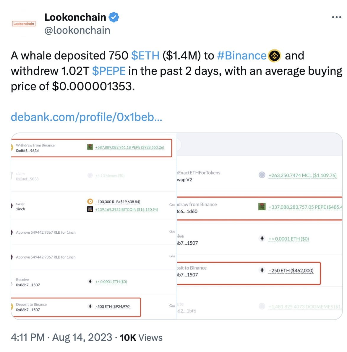 crypto_ruh's tweet image. Whale #Deposits 750 #ETH on Binance and #Withdraws 1.02 Trillion #PEPE #Tokens