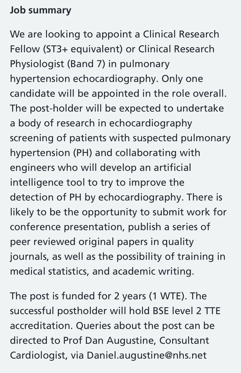 👀 are you BSE accredited and interested in a research post: 
💥We are looking for either a Band 7 physiologist or clinical registrar level (ST3+) equivalent
💥2 year fully funded research post
💥Artificial intelligence in the echo assessment of PH
💥Closes 28th August 
Link ⬇️
