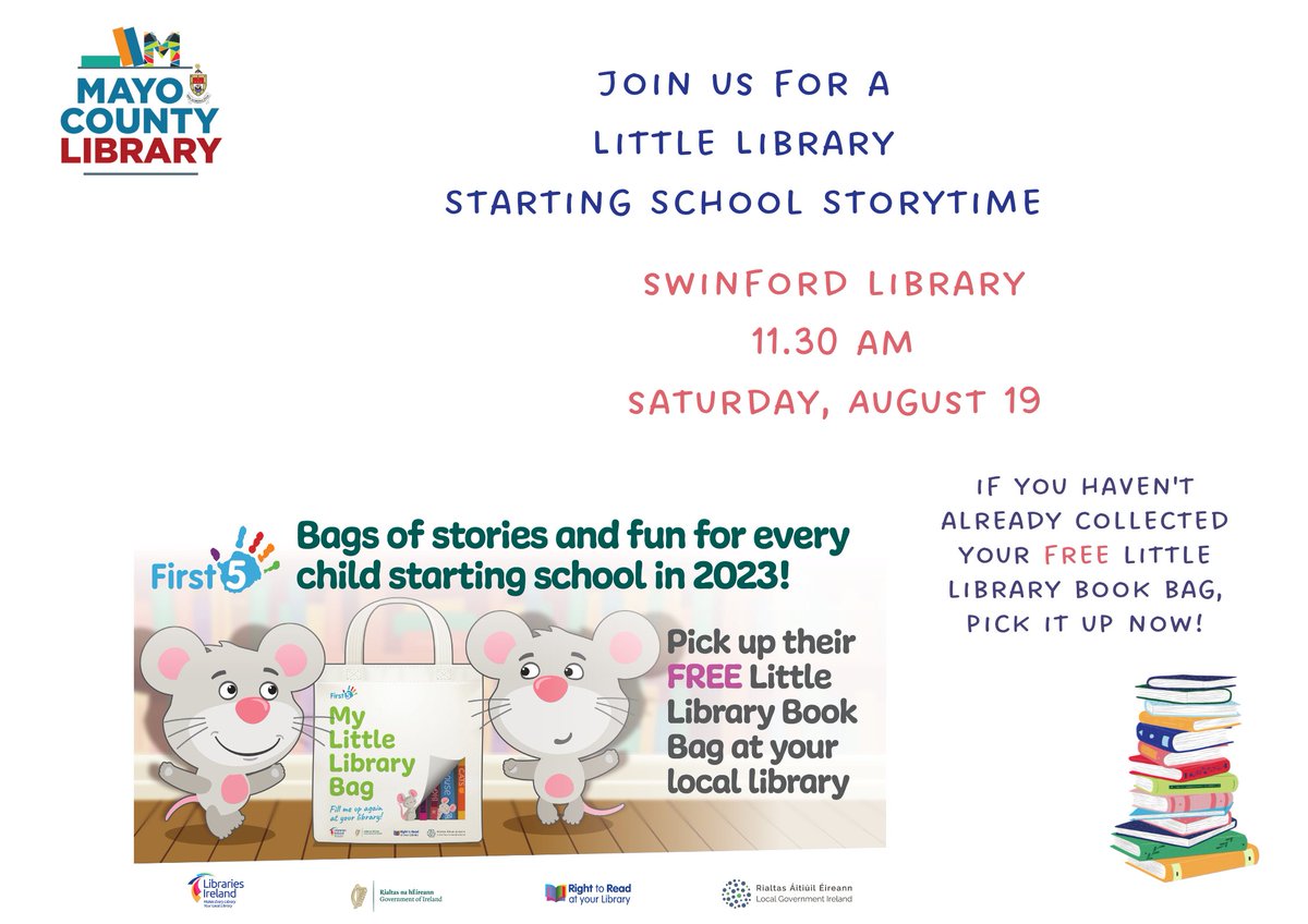 Don't miss this great Starting School Storytime on Saturday morning at #Swinford Library. And grab the chance to collect your FREE Little Library Book Bag - available for everyone starting school this year - if you haven't already. What's not to love?! #LibraryLife #LibraryLive